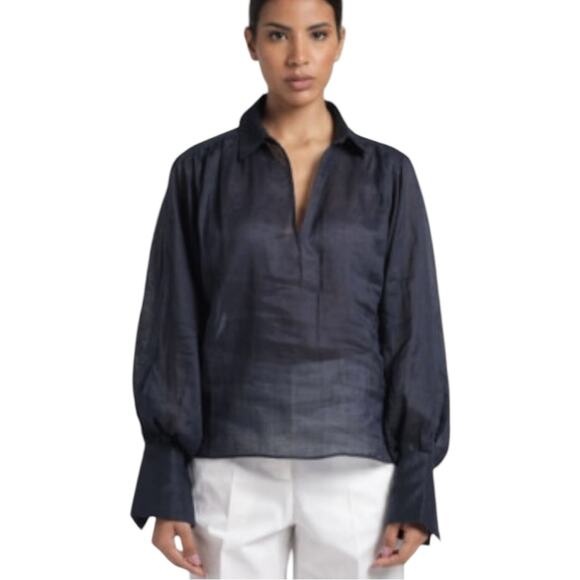 Frame Long Sleeve Ramie Blouse Navy Blue Size Medium - Picture 3 of 12